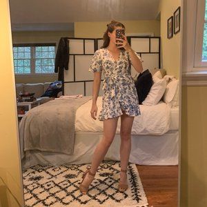 TOPSHOP Blue and White Floral Pattern Mini Wrap Dress